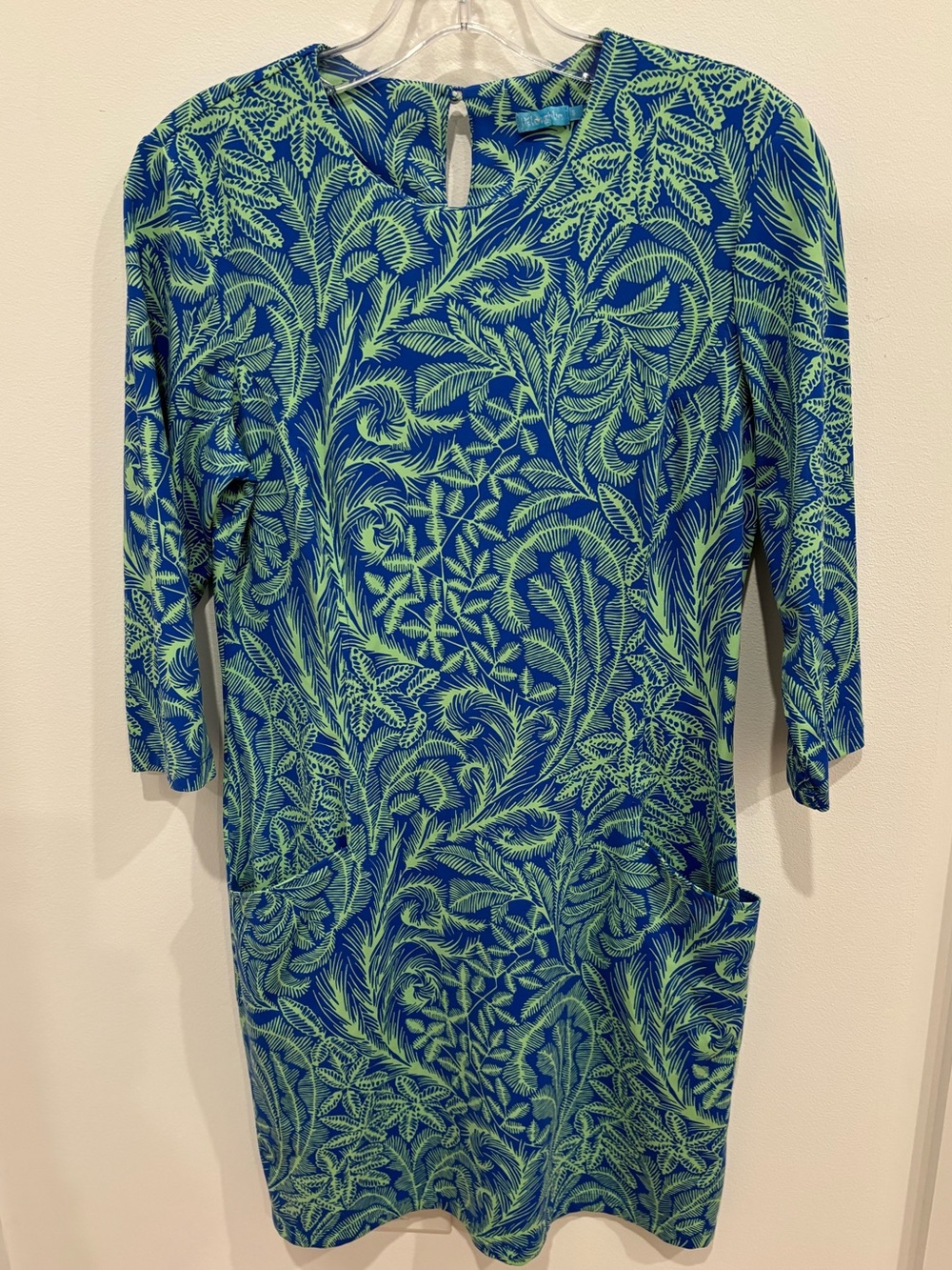 J. McLaughlin Catalina Cloth Sheath Dress Blue Green Palm Print Womens S Preppy